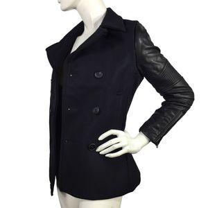 All Saints Zaskia Pea Coat Navy Wool Black Leather
Sleeves Double Breasted